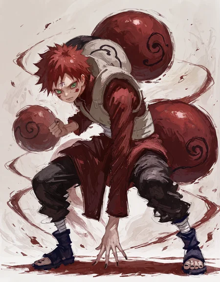masterpiece,  best quality, newest, highres, absurdres,  <lora:fuyumur4s4ki_style:1>,fuyumur4s4ki_illu,painting \(medium\), gaara \(naruto\), red hair, 1boy, male focus, fantasy, solo, fighting stance, facial mark, ninja, green eyes, long sleeves, nail polish, full body