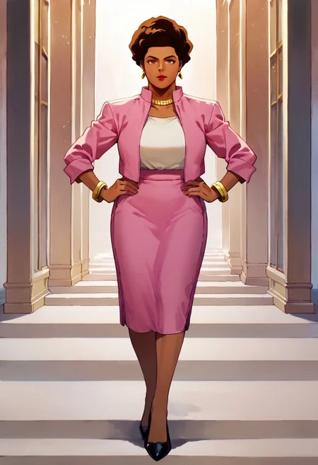 score_9, score_8_up, score_7_up BREAK AmandaWaller, 1girl, dark brown hair, brown skin, brown eyes, red lipstick, gold earrings, gold necklace, left wrist gold bracelet, open pink suit jacket, white undershirt, pink skirt, black high-heeled shoes, full body, hands on hips, looking at viewer, mature woman,