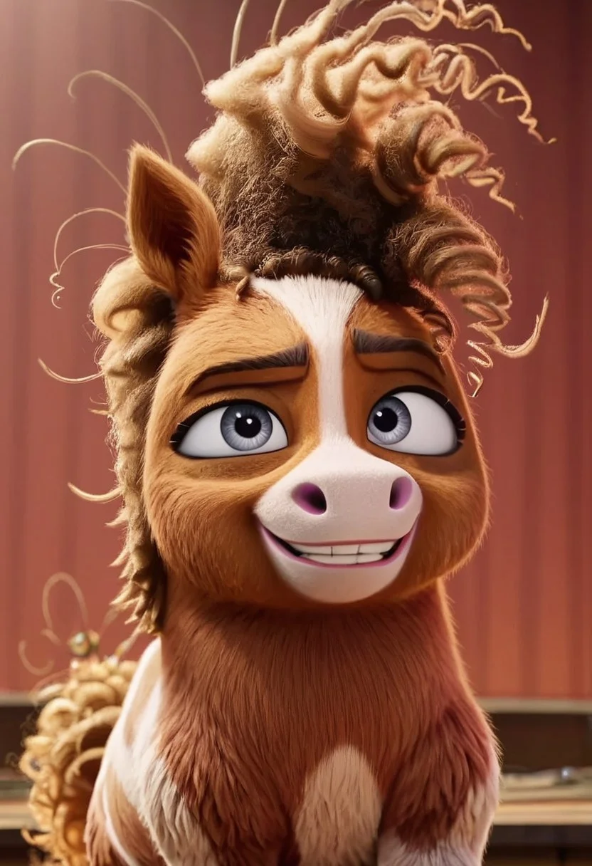 thelma pony, 1girl, small pony, short body, female pony, grey eyes, two-toned fur, brown and white fur, white line of fur in middle of face, brown hair, curly hair, brown tail, curly tail, feral, score_8_up, score_7_up, BREAK, 1girl, solo, looking at viewer, cute, smiling, smug, from below, female focus, looking at viewer, detailed background, 4k, masterpiece, best quality, highly detailed, 3d, full shot, realistic, 3d,