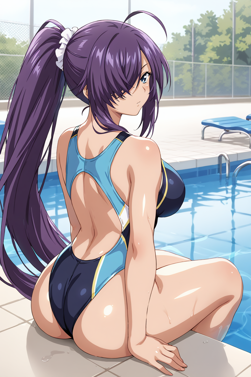 score_9, score_8_up, score_7_up, BREAK source_anime, masterpiece, anime screencap, shiny skin, thick thighs,
1girl, kan'u unchou, very long hair, ahoge, purple hair, blue eyes, hair between eyes, hair over one eye, large breasts,  <lora:kan'u_pony-000019:0.9>
pool, competition swimsuit, back shot, ponytail, sitting,