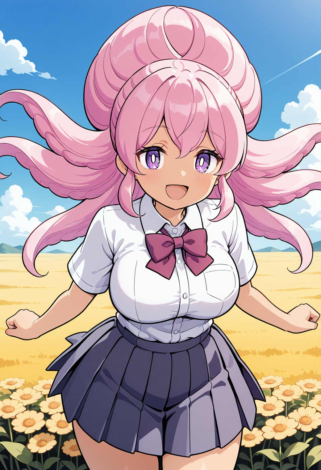 mochiko, white pupils, purple eyes, pink hair, long hair, school uniform, white shirt, collared shirt, pleated skirt, <lora:mochiko_illustrious_ver1:0.8>
smile, open mouth,, masterpiece, best quality, general,, 1girl, solo, (field:1.2), (blue sky:1.2), looking at viewer,, (cowboy shot, dynamic pose:1.4),