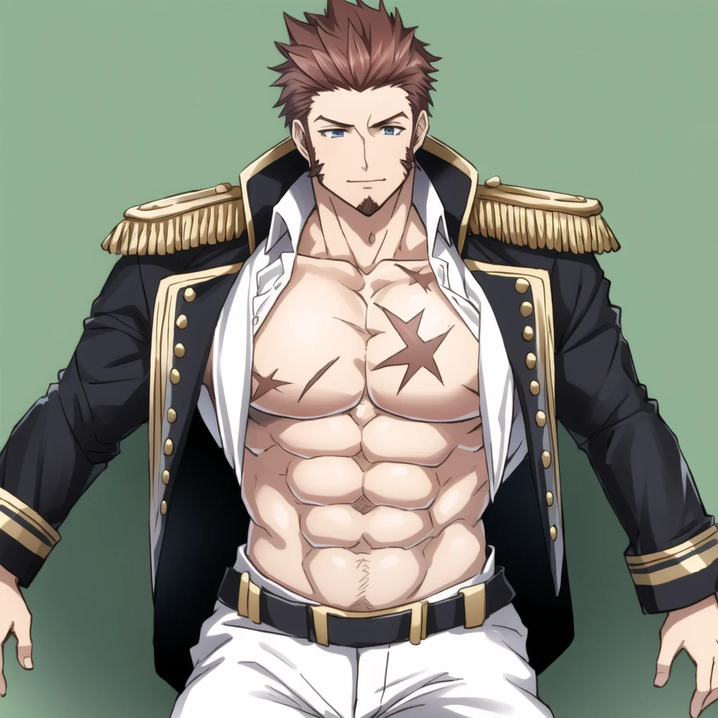 highres, masterpiece, high quality, napoleon bonaparte \(fate\), large pectorals, scar on chest, male pectoral cleavage
