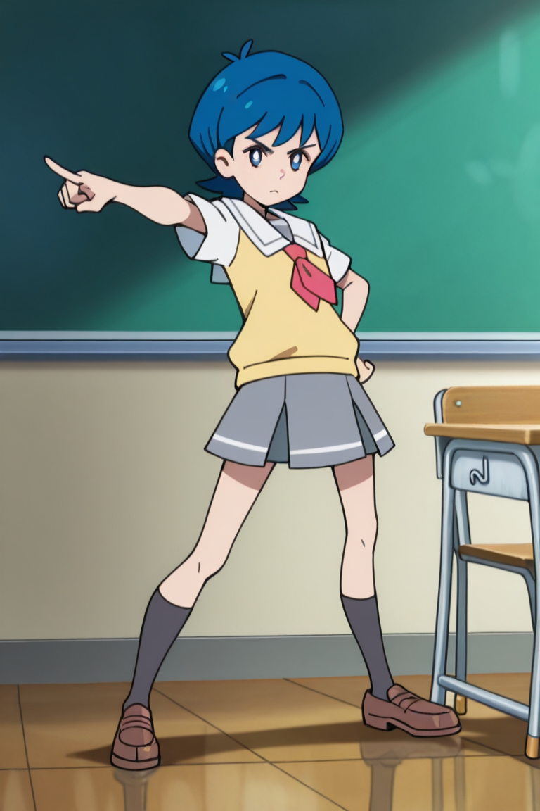 1girl,classroom, (jojo pose,:0.8) 
 <lora:lana_scho_magi_1:1> mag3ca gir7l,
la7na un7form,blue hair,short hair, 
gray school uniform,sailor collar, yellow shirt,red scarf like tie,black socks, brown shoes,, masterpiece, high quality, absurdres, best quality, very aesthetic, newest,