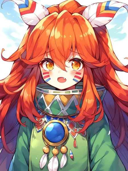 score_9, score_8_up, score_7_up, source_anime, rating_explicit, BREAK <lora:Popoi_XL:1>
Popoi, long hair, androgynous, feather hair ornament, hair ornament, feathers, red hair, facepaint, facial mark, orange hair, yellow eyes, very long hair, hair between eyes,
under body, solo, poncho, tunic, blush, open mouth, fang, looking at viewer
forest, sky,