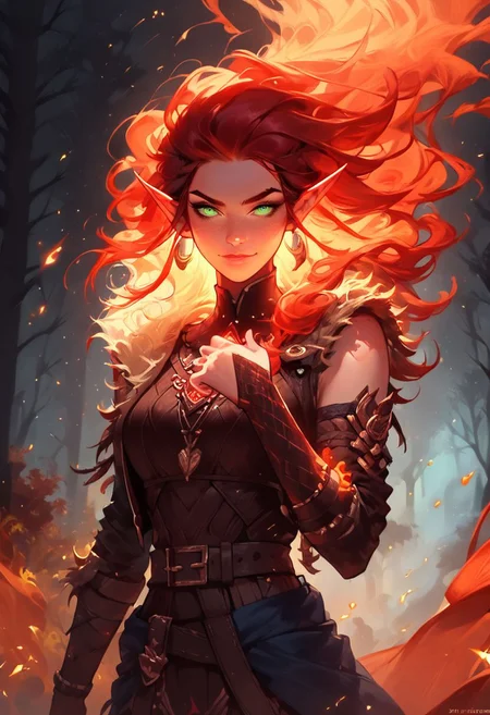 score_9, score_8_up, score_7_up, 8k, portrait, vintage illustration, fierce female elf barbarian:1.4), long wild, flaming, red hair, green eyes, long pointy ears, glowing freckles, prominent cheekbones:1.3, confident smirk, dynamic pose:1.6, wearing rugged hide armor, fur cloak around shoulders, surrounded by fiery aura, glowing embers, , bokeh:1.4, in an fall forest with falling maple leaves:1.4, beautifully backlit, depth of field:1.5, indirect lighting:1.3, high contrast shadows, dramatic shadows across face:1.2, cinematic lighting, fur belt around waist