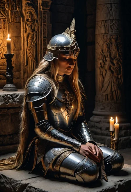 large dark candle lit tomb with the back angle shot of a Women in white plate armor on one knees head leaned down to a stone alter. the women is angled from the camera. long hair that is blonde.  the room is a large stone tomb with tree murals carved into the wall of a great king. a small golden crown sits atop the coffin. the women is holding her blade as it sits tip against the ground her hand sitting atop it. torch light lights the room. as the walls are pure smooth stone. realistic lighting. natural composition. high detail. realistic. she has smooth cheeks but full plate armor on all but her head. her helmet lays on the ground in front of her facing the coffin. large scaled up royal stone coffin. dark. the female is surrounded by candles as she prays. she has blue eyes.