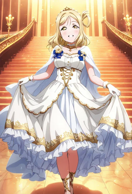 masterpiece, best quality, solo, 1girl, aged up, happy,
mari_ohara, ohara_mari, long hair, medium hair, bangs, blonde hair, braid, crown braid, hair rings, yellow eyes, hair ornament, noble idol outfit, white and gold gown, flowing cape, gemstone earrings, tiara, regal ballroom stage, golden chandeliers, polished marble floor, roses along the stairs, smiling confidently, elegant and charismatic performance