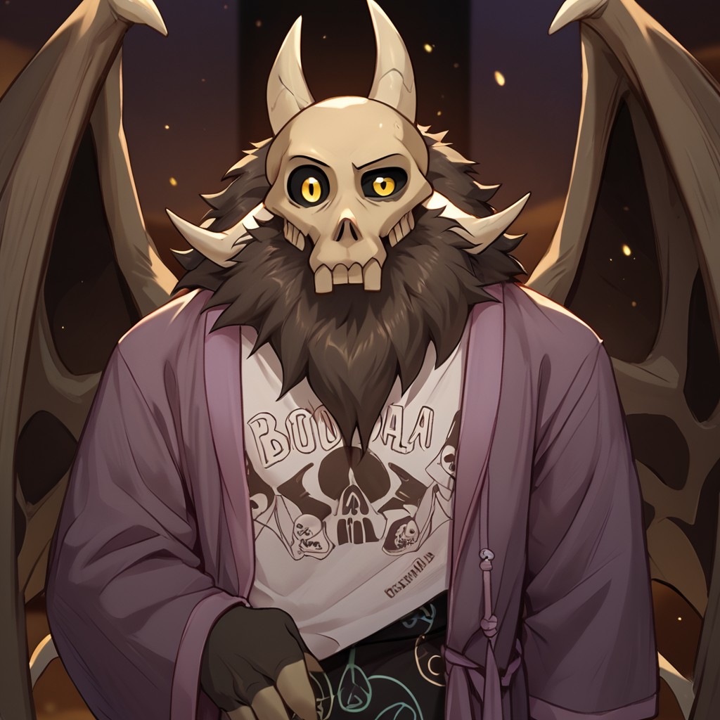 score_9, score_8_up, score_7_up, detailed background,  <lora:Papa_Titan:.90>, papa titan, 1boy, solo, male focus, furry, black sclera, wings, robe, shirt, yellow eyes, skull, one eye