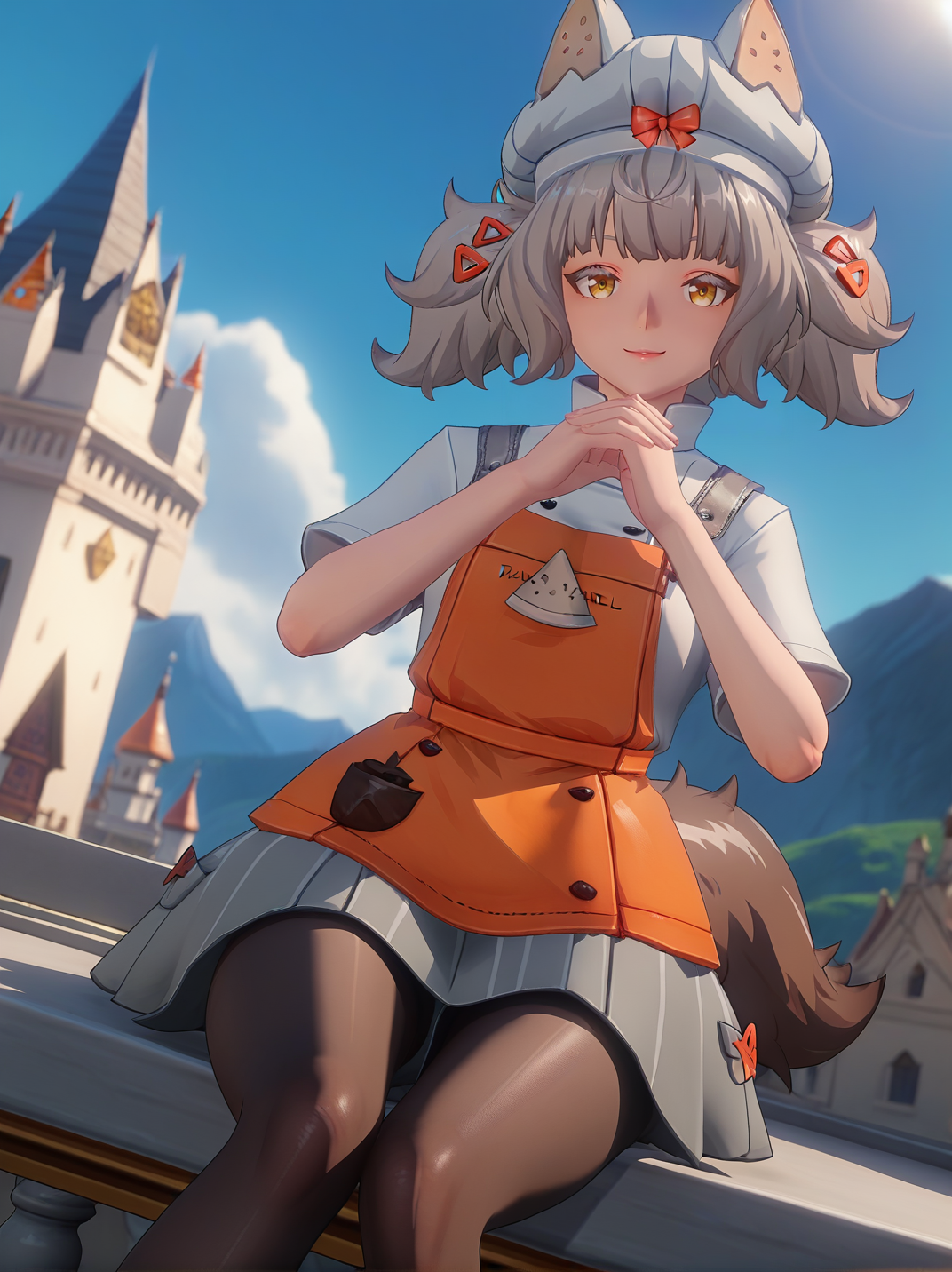 score_9, score_8_up, score_7_up,, official style, screencap,
1girl, smile, dutch angle, naughty pose, looking at viewer, sitting, hands down, own hands together, from below, castle behind, mountains, solo, dynamic pose, cowboy shot, head tilt, sexually suggestive, blue sky, outdoors,
 <lora:AMargherita_character:0.8>, MargheritaXL,, grey hair,  yellow eyes, twintails, hair ornament, hat, single glove, white shirt, orange apron, pantyhose, grey skirt, animal ears, tail,