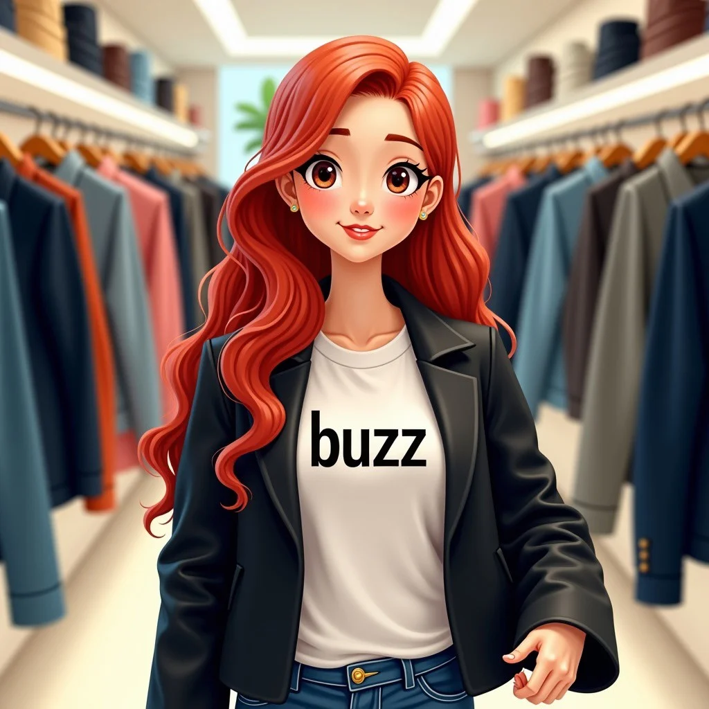 a cute girl with red hair, wearing white shirt and black jacket, a text written "buzz", text written on her shirt, strolling around clothes shop, smiley face, fair skin tone, realistic, bright color, aesthetic