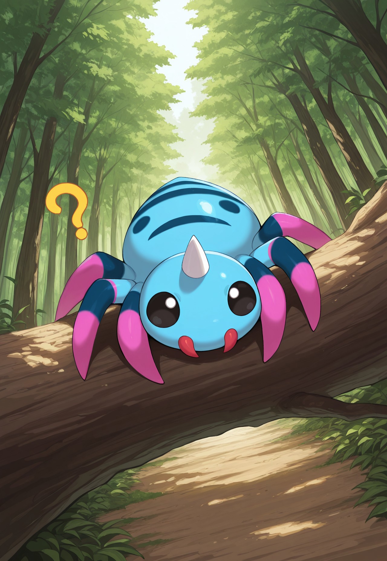 masterpiece, best quality, amazing quality, very aesthetic, absurdres, PKMN_Spinarak, 1other, solo, black eyes, single horn, spider, ShinySpinarak, alternate color, blue skin, red fangs, pink legs, blue body markings, forest, in tree, ?, day, perspective,