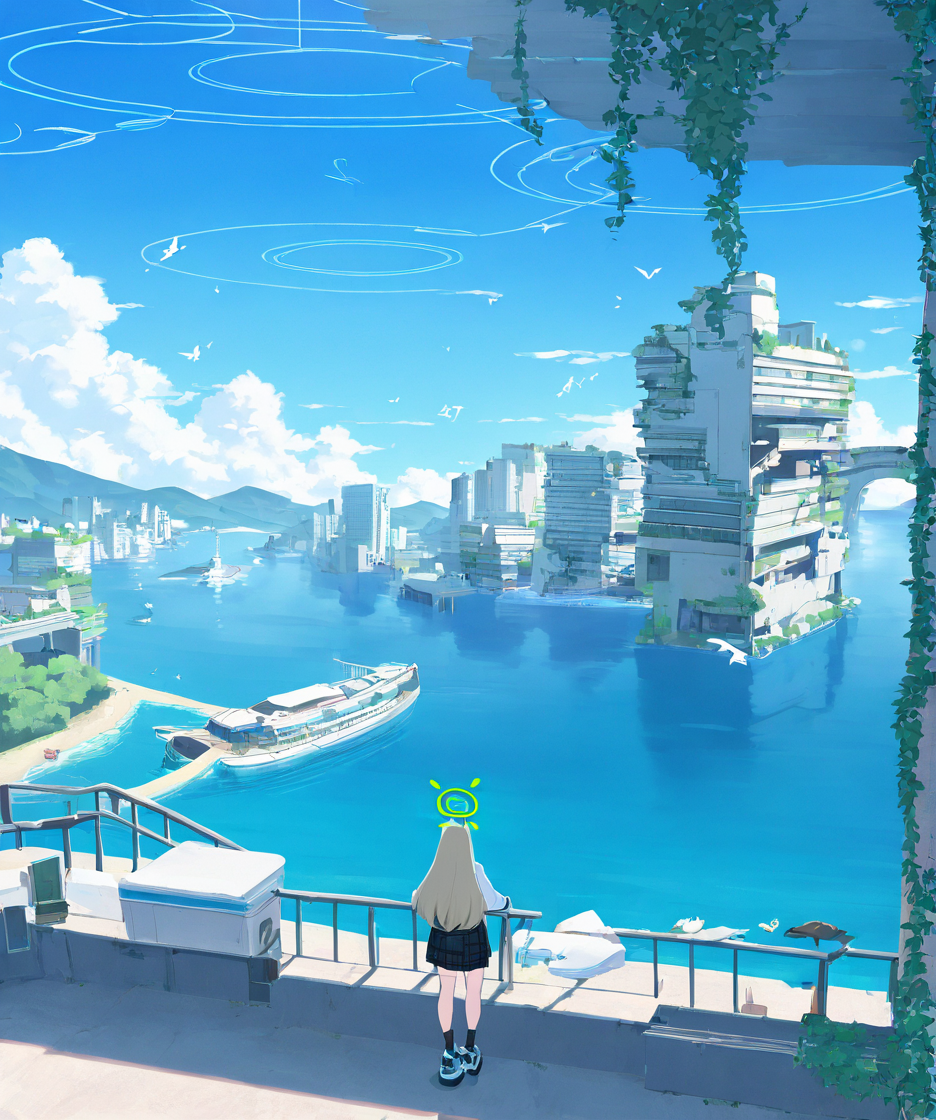 1girl,nonomi \(blue archive\),post-apocalypse,ivy,beach, bird, blue sky, boat, bridge, building, city, cloud, cloudy sky, day, facing away, from behind, horizon, lake, mountain, mountainous horizon, ocean, outdoors, railing, river, road, scenery,,masterpiece, best quality, very aesthetic, absurdres, <lora:Submerged ruins-NAI:0.8>,