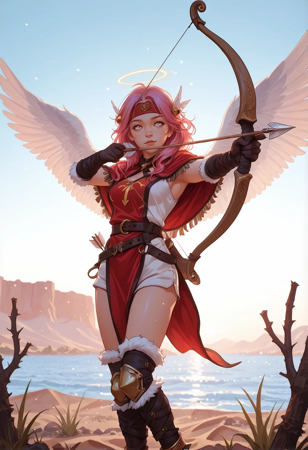 IllustriousQual, masterwork, masterpiece, best quality, realistic, ambient occlusion, ray tracing, depth of field, (((dynamic angle))) BREAK 1girl, aged_up, solo, <lora:aasimar:0.7> aasimar_protector, wings, halo, <lora:w1ngsXLP:0.4> w1ngs, angel wings, hot pink hair, soft curls hair with hair bell, white eyes, (alabaster skin:1.2), toned body, narrow waist, perky breasts, perfect hands, shiny lips, (mischievous), smirk slightly, eyebrow arch BREAK barbarian, wearing cropped quilted white hide poncho, edgy ribbon-trimmed (detailed red hide armor tabard), cross tie, elbow gloves, lattern sleeves, belt, white bubble shorts, greaves, fur-trimmed leggings, anklets, o-ring felt headband, <lora:Barbarian_Outfit:0.7> B4rbarian, white fur trim BREAK fantasy, outdoors, detailed landscape, coastal desert, freshwater beach, water, cacti, flying, <lora:Drawing_bow:0.6> drawing bow (weapon), aiming at viewer, arrow (projectile), bow (weapon), holding bow (weapon), aiming, spring, morning, soft light, <lora:reij-va:0.6> blue vibrant grading, , volumetric lighting <lora:reij-ca:0.6> reij-ca, orange neon grading, yellow accent, cinematic lighting BREAK <lora:vivid_everclear:0.4> <lora:4rc4n3XLP:0.6> 4rc4n3, <lora:sh0uj0XLP:0.7> sh0uj0 <lora:cupid-ponyxl-lora-nochekaiser:0.5> cupid, heart, heart arrow
