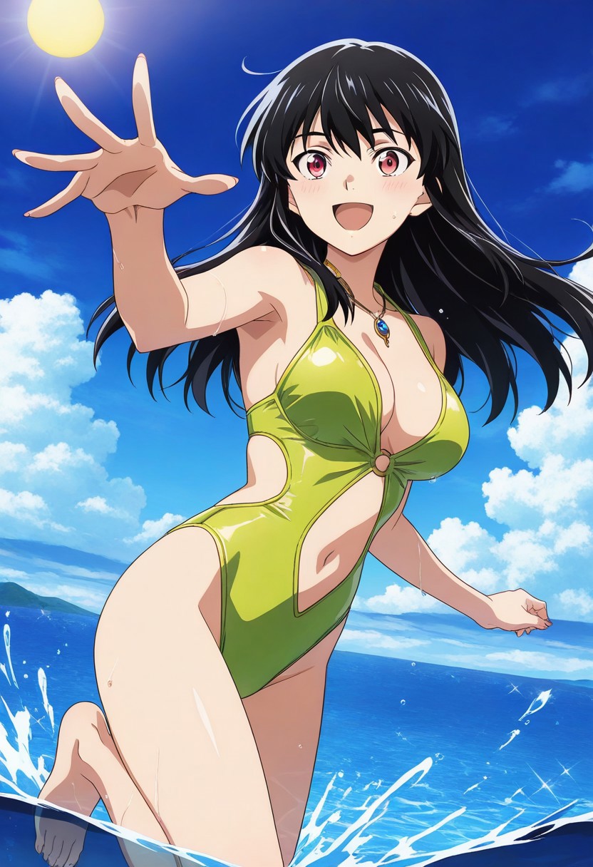 official art, detailed anime, ultra detailed anime art, anime screencap, screencap, score 9, score 8 up, score 7 up, masterpiece, anime coloring, source anime,
BREAK
RoyaKiba, 1girl, solo, black hair, ((long hair)), sidelocks, dark pink eyes, breast, navel, 
BREAK
jewelry, necklace, pendant, gem, green one-piece swimsuit,clothing cutout barefoot
BREAK
cowboy shot, standing, playing on water, happy face, partiar submerged, throwing sea water, generic beach, sea side, perfect weather, sun, blue sky, some clouds,  detailed background,
