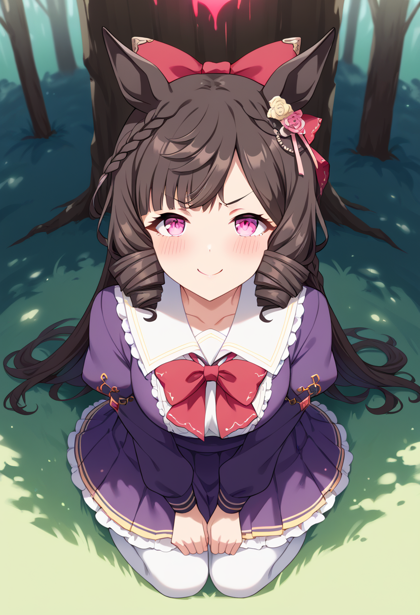 score_9, score_8_up, score_7_up, best quality, masterpiece, source_anime, zPDXL3, BREAK, <lora:daiichi_ruby_umamusume:1>  ,daiichi_ruby_(umamusume), tracen_school_uniform,, close-up, Leaning against an invisible tree, naughty face,  female pervert, in heat, aroused smile,  pervy gin , lowered eyelids, v-shaped eyebrows, torogao, frenzy,, abandoned moldy city, post-apocalypse , grass , rubble, overgrown vegetation, sunlight, scifi,,