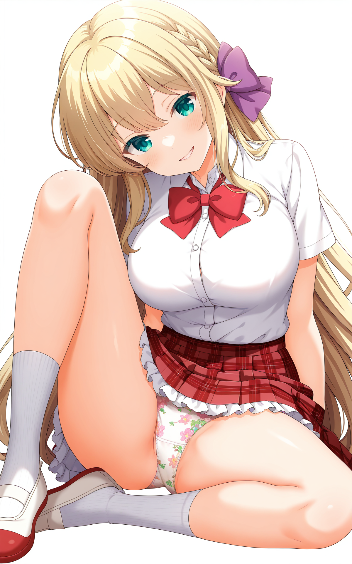 masterpiece, best quality, good quality, newest,4k, perfect lighting, cinematic, very aesthetic, official art, anime screencap, anime coloring,(((white background, simple background))),
1girl, solo, mochizuki erena,(blonde hair:1.2),brown hair,long hair,braid,hair bow,wearing hair bow only on the side,green eyes,large breasts,
seio school uniform,white shirt,collared shirt,bralines,short sleeves,red bowtie,red skirt,plaid skirt,frilled skirt,miniskirt,floral print panties,thighs,white socks,red uwabaki,full body,
looking at viewer,naughty face,parted lips,head tilt,sitting,arms at sides,knees up,spread legs,show panties,crotch focus,facing viewer,pantyshot,panties focus,BREAK
<lora:ILerena:0.9>