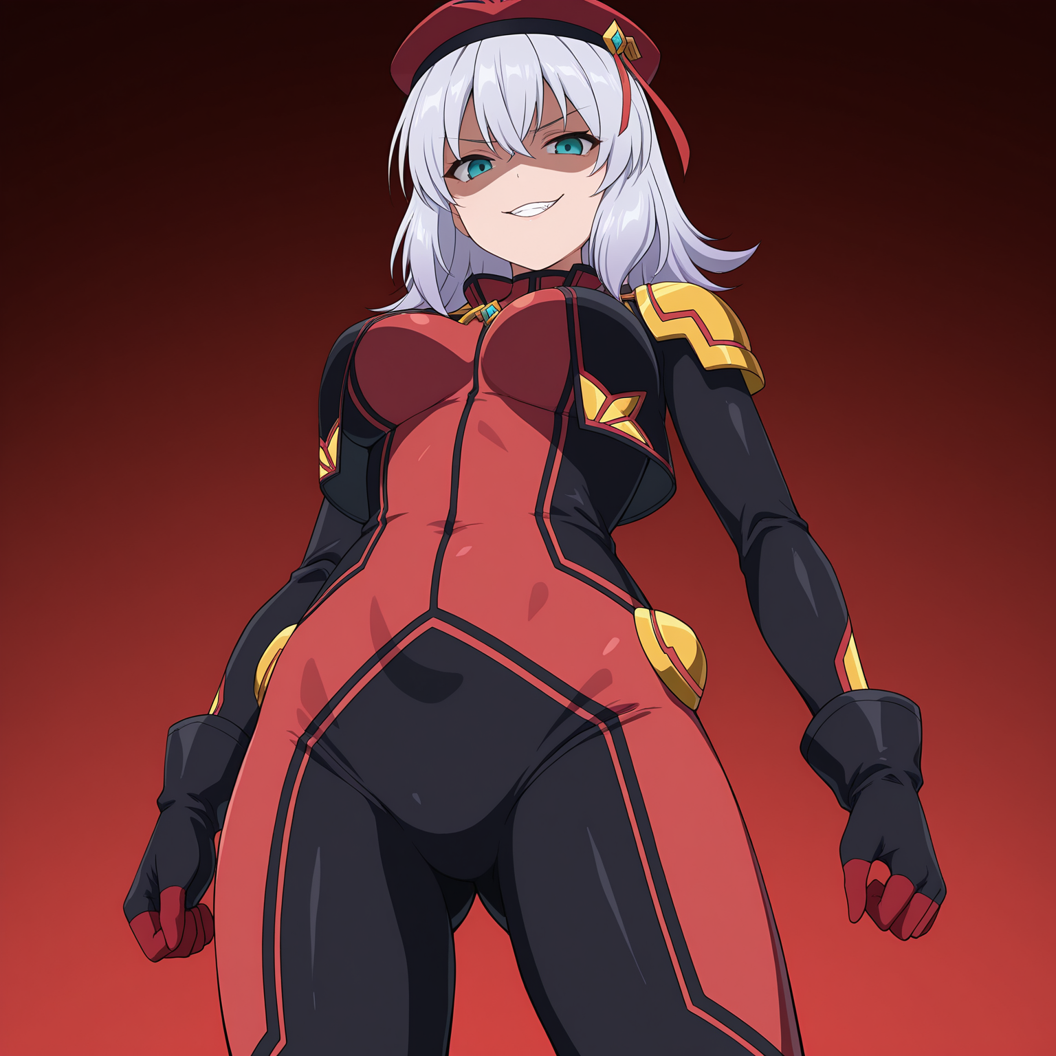 masterpiece, best quality, amazing quality, anime screencap, 1girl, solo, standing, cowboy shot, from below, looking at viewer, shaded face, evil grin, <lora:SthesiaAwarAcht:0.9>, SthesiaAwarAcht, grey hair, medium hair, sidelocks, aqua eyes, large breasts, beret, black jacket, red bodysuit, golden shoulder pads, black gloves, red fingers,