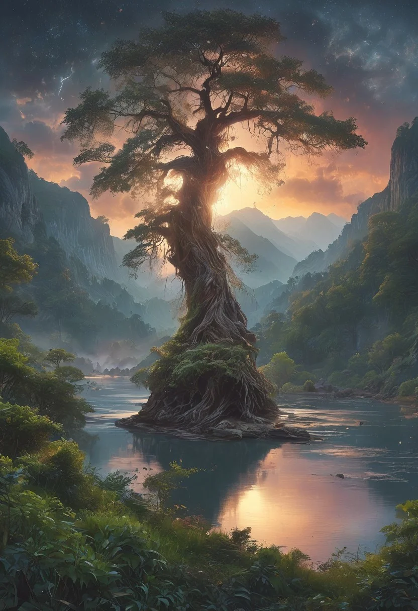 A captivating night scene illustration featuring a large wonderous magical tree overlooking a lake in the Smokey Mountains of Appalachia. The great is ancient but well strong and powerful. This enchanting artwork captures a serene and peaceful early morning, where the sun is just starting to rise over the beautiful smokey mountains and tree which stands resolute amidst the forest, creating a cinematic experience., illustration, cinematic
<lora:DonM3t3rn1tyXL-v1.1:0.7>, DonM3t3rn1tyXL,
OverallDetailXL <lora:MJ52:0.3> <lora:SDXLFaeTastic2400:0.4> <lora:EpicF4nta5yXL:0.7>