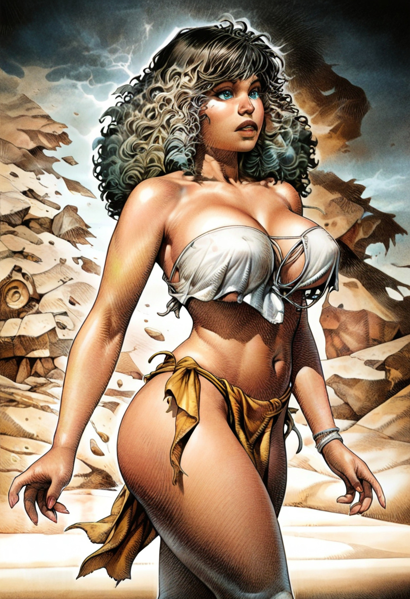 masterpiece, best quality, amazing quality, western_comics_(style) , 1girl, solo, large breasts, Walking with a spring in the step, as if in a sunny day, vanishing_point, Sangria Loincloth, drill hair, layered hair, salt-and-pepper hair, industrial, close-up, <lora:Illustrous\paolo_eleuteri_serpieri_IL:1.0>