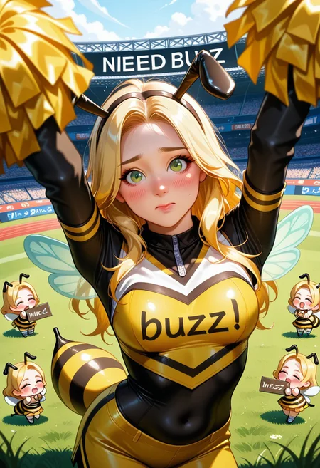 NEWEST, CONTRAPPOSTO, 2.5D REALISTIC, DETAILED FACE & EYES, PERSPECTIVE, SOLO FOCUS, ULTRA DETAILED EYES, EYE HIGHLIGHTS, masterpiece, BEST QUALITY, 1girl, solo, b33g1rl, Bee's wings bee's tail,
yellow and black stripe costume, bee's antenna
in American foot ball stadium, grass,
from above, wide angle,
bust up shot,
arms up higher, black and yellow zebra design arm sleeve,
Y-pose arms,
face profile,
tilt head,
shouting,
team of cheerleaders,
cheerleading tight clothing yellow clothing breasts under clothes slim sleeves long sleeves dyed blonde hair long hair green eyes embarrassed look closed mouth makeup pink lipstick
belly
covered navel
young
need_buzz holding cheerleading,
tight clothing, yellow clothing, breasts under clothes, slim sleeves, long sleeves, dyed blonde hair, long hair, green eyes, embarrassed look, closed mouth, makeup, (pink lipstick:0.6), belly, covered navel, young, need_buzz, holding sign
correct "need buzz" sign at signage screen on stadium,
twisting upper body. from diagonally side,
several fairies also performing this show,
(chibi fairies has correct "need buzz" sign board:1.3)
correct "need buzz" sign at uniform,
unholy-aesthetic, MASTERPIECE, BEST QUALITY, AMAZING QUALITY, VERY AESTHETIC, ABSURDRES, ultra DETAILED face, ultra DETAILED EYES,
BREAK
lazyreal