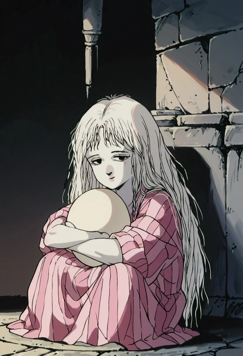 score_9, score_8_up, score_7_up, rating_safe, 1girl, g1rl, solo, portrait, white hair, sitting, white egg, hugging, slight smile, dark background, ruins