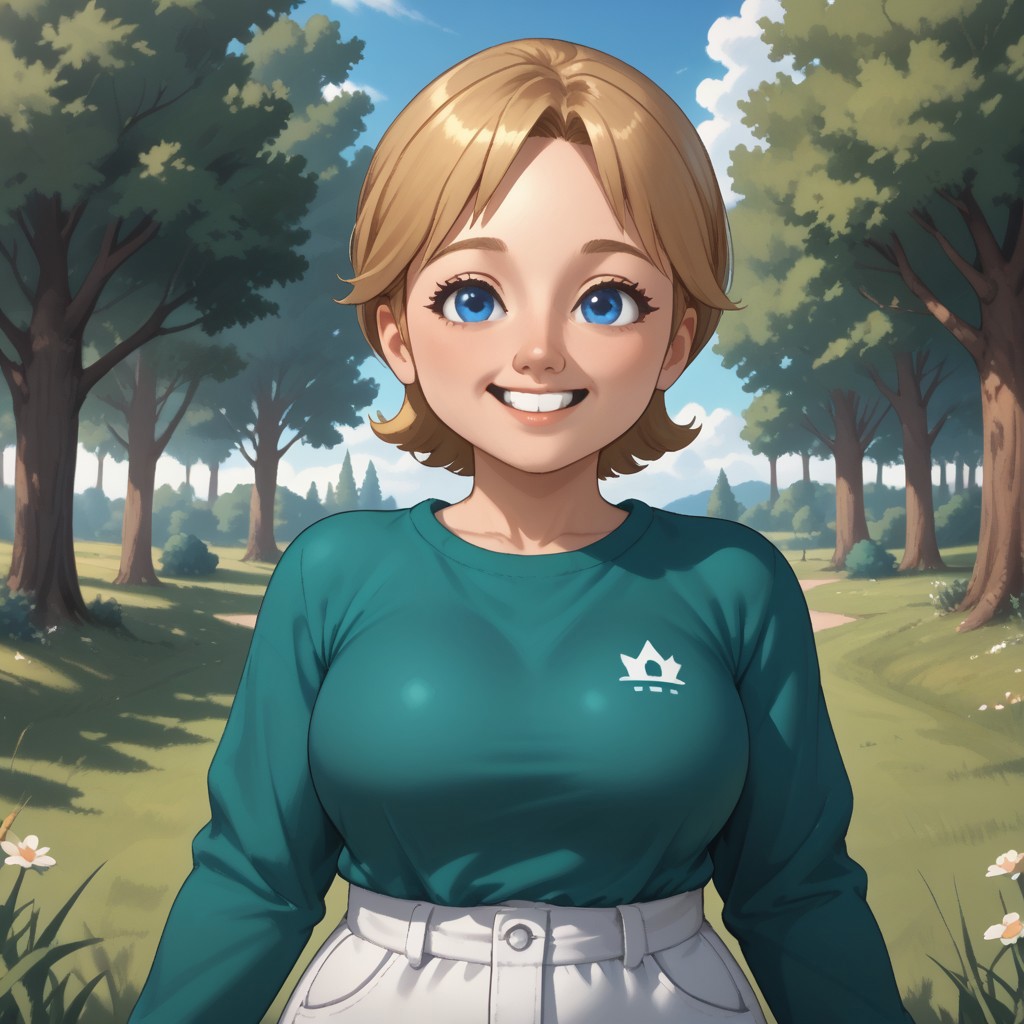 score_9, score_8, BREAK, solo, mii, wii, wii sports resort, 1girl, female mii, cute, blonde hair, black blue eyes, rare eyes, tree shaped nose, buck tooth, double chin, chubby, chubby female, dark green clothing, white pants, barefoot, Megan_(\Wii_Sports_Resort\), Nintendo Mii, modern_mii, classic_mii, big breasts, sexy pose, self portrait, smile, outdoors, sunlight, shadows, evening lighting, natural lighting, forest, trees, grass, orange sky, sunset, sitting, feet, soles