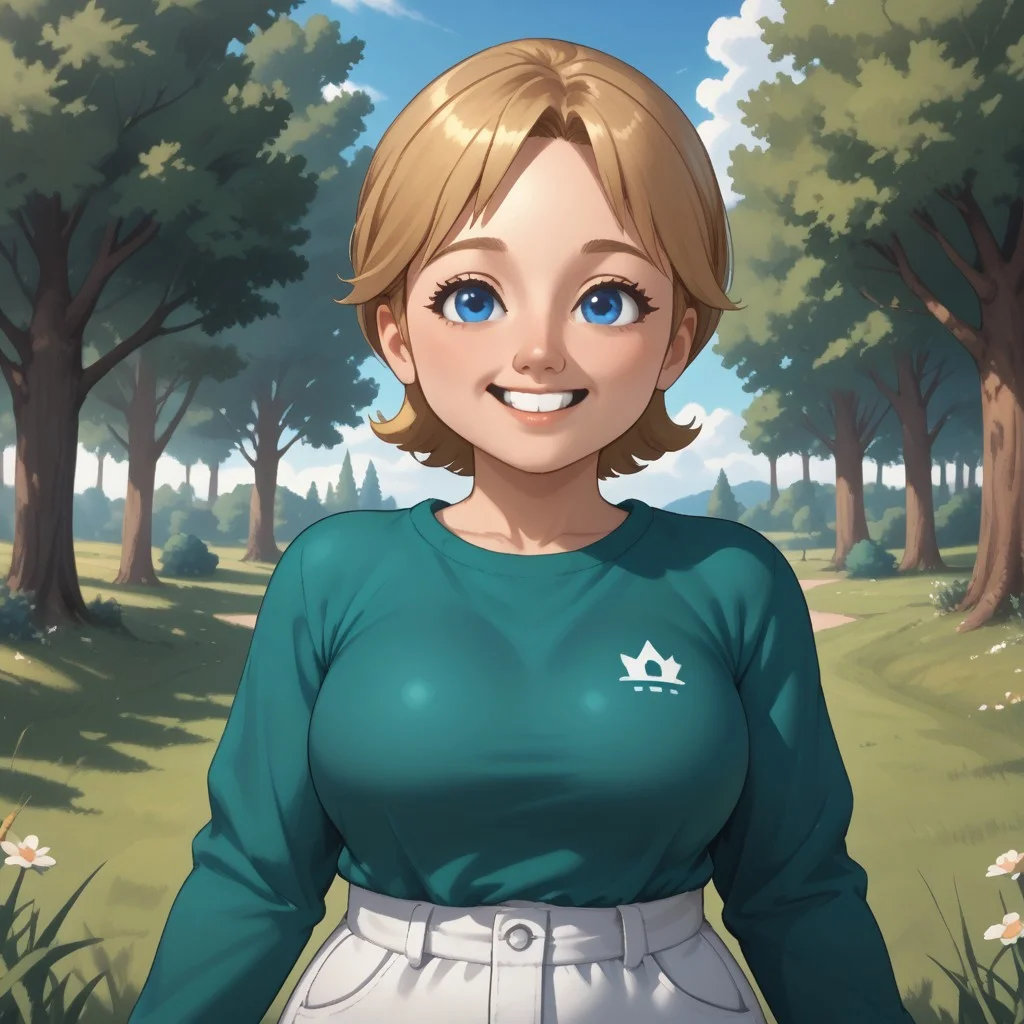 score_9, score_8, BREAK, solo, mii, wii, wii sports resort, 1girl, female mii, cute, blonde hair, black blue eyes, rare eyes, tree shaped nose, buck tooth, double chin, chubby, chubby female, dark green clothing, white pants, barefoot, Megan_(\Wii_Sports_Resort\), Nintendo Mii, modern_mii, classic_mii, big breasts, sexy pose, self portrait, smile, outdoors, sunlight, shadows, evening lighting, natural lighting, forest, trees, grass, orange sky, sunset, sitting, feet, soles