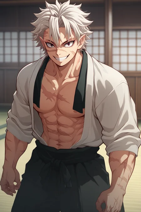 <lora:SlimesSanemi:1>, score_9, score_8_up, score_7_up, slimes_sanemi, muscular, scars, evil smile, waist up shot, dojo background