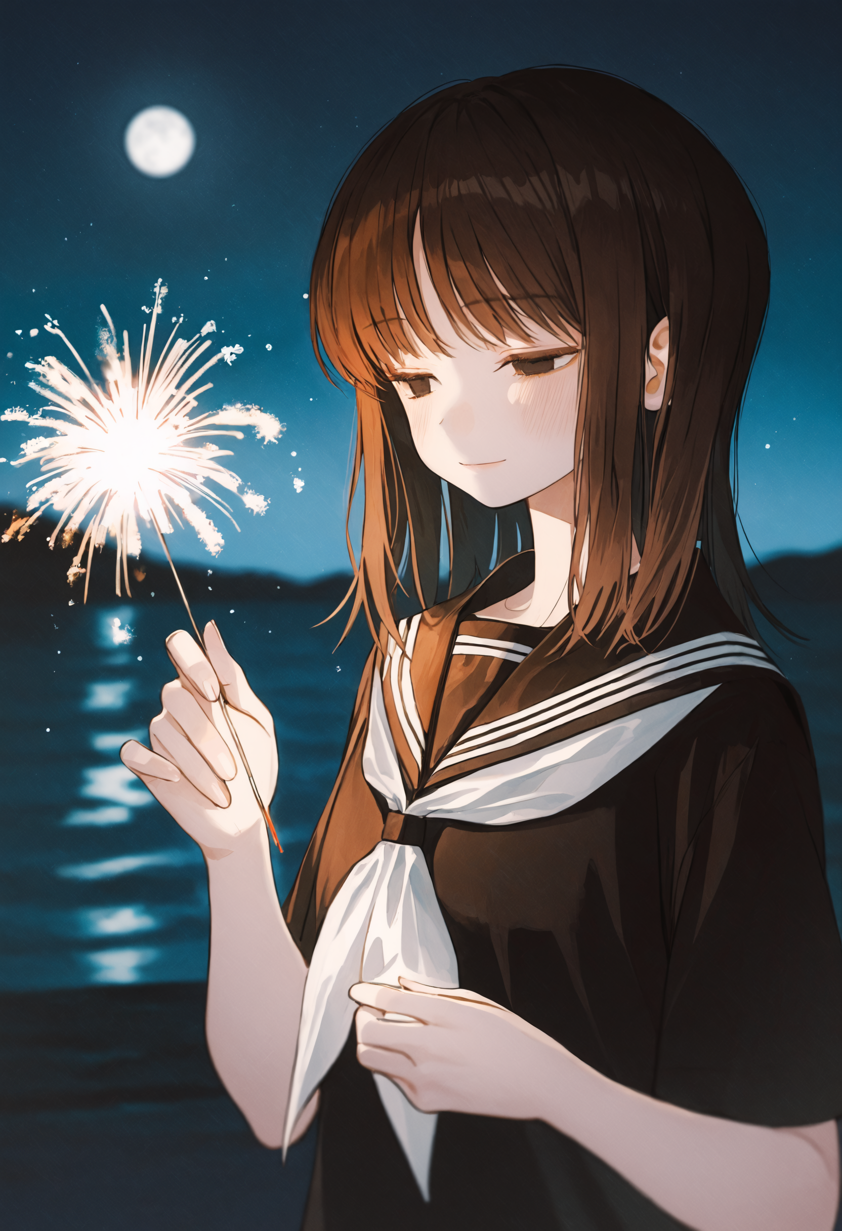 ambient occlusion, depth of field, traditional media, 1girl, solo, sparkler, night, fireworks, holding fireworks, moon, white neckerchief, neckerchief, outdoors, medium hair, school uniform, short sleeves, sailor collar, serafuku, upper body, film grain, black sailor collar, full moon, sky, holding, night sky, black eyes, brown hair, shirt, ocean, black shirt, moonlight, half-closed eyes, blurry, closed mouth, black hair, blurry background, dark, black serafuku, hands up, light smile, expressionless