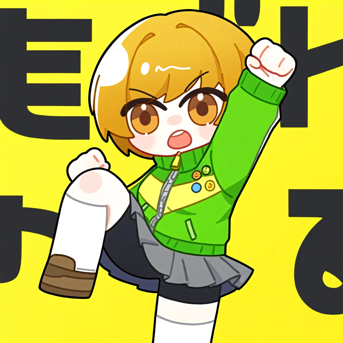 chibi, snowbreakmeme, snowbreak_chibi,1girl, satonaka chie, skirt, solo, jacket, brown hair, short hair, open mouth, brown footwear, bike shorts, socks, track jacket, green jacket, brown eyes, yellow background, simple background, pleated skirt, standing, shoes, leg up, shorts, long sleeves, shorts under skirt, standing on one leg, white socks, teeth, bangs, clenched hands, arm up, tongue, fighting stance, zipper, badge, black shorts, miniskirt, breasts, upper teeth only, button badge , \n<lora:snowbreakmeme_noobai_v1.0-000030:1>,