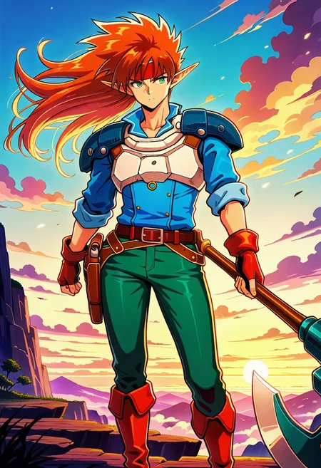 masterpiece, best quality, amazing quality, very aesthetic, absurdres, newest, 1boy, male, arthuffl3, brown-orange hair, green eyes, with long elf ears, blue shoulder pads, white breastplate, sci-fi military shirt, green jeans, belt with holster, red fingerless gloves, red boots, standing on cliff, dramatic fantasy-anime background, casually holding massive battle axe, scenic vista background, close up, torso view,