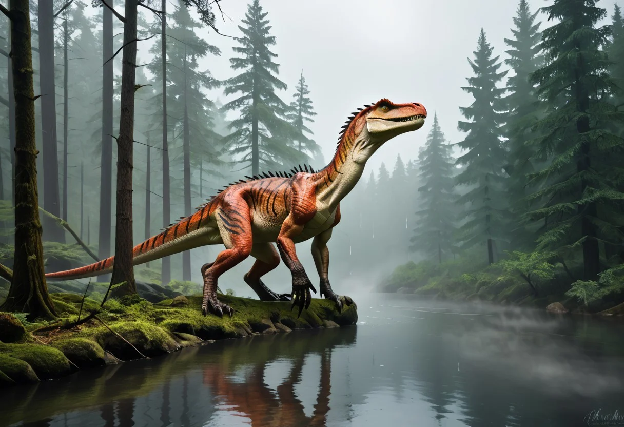 (masterpiece:1.2), Ultra High Res. Unity 8k Wallpaper. (illustration:1.0). (masterpiece:1.2). Best Quality. Ultra-Detailed. Ultra Realistic. Masterpiece. High Detailed Skin. 
BREAK 
Dark Red. White Underside. Black Tigger Pattern. Wyvern-like. Feathers. Long Body. Carnivore. Short Arms. Dinosaur. Two Legs. Standing. Shiny Skin. Wet Skin.
BREAK 
Outdoors. Cloudy. Overcast. Rain. Mist. Fog. Pine Trees. Swamp. Woods. Celtic Mystic Forest. Ambient Lighting. Moody Atmosphere. Detailed Background. Dramatic Lighting. Low Light. Sharp Shading. Cinematic Lighting. Nature.