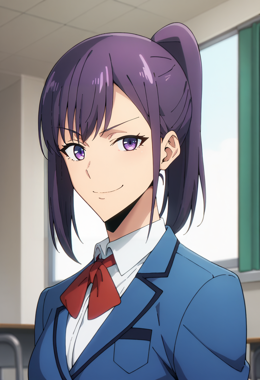 score_9, score_8_up, score_7_up,
<lora:SoloLeveling_SungJinahXL:0.8>, SungJinahSL, 
1girl, solo, closed mouth, smug, light smile,
purple hair, purple eyes, ponytail,
JinahSchool, blue blazer, red bowtie, collared shirt, white shirt,
standing, looking at the viewer, portrait,
indoors, classroom