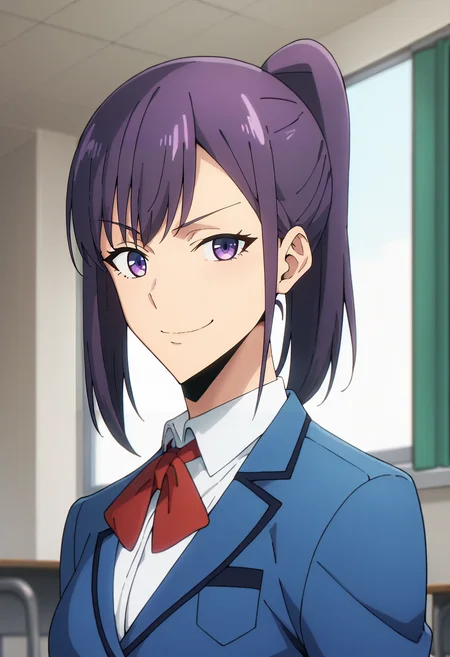 score_9, score_8_up, score_7_up,
<lora:SoloLeveling_SungJinahXL:0.8>, SungJinahSL,
1girl, solo, closed mouth, smug, light smile,
purple hair, purple eyes, ponytail,
JinahSchool, blue blazer, red bowtie, collared shirt, white shirt,
standing, looking at the viewer, portrait,
indoors, classroom