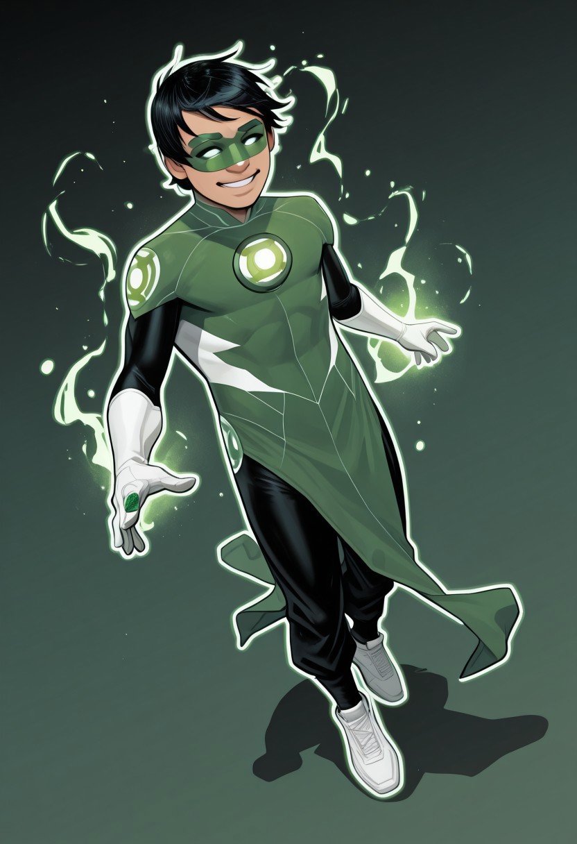 masterpiece, absurdres, high quality, perfect anatomy, 1boy, solo, cute boy, male focus, TaiPham, Black Hair, Green Lantern Ring, Green Lantern Costume, Green and Black Bodysuit, Green Domino Mask, White Eyes, White Gloves, Pelvic Curtain, Black Pants, White Shoes, Glowing Green Outline, Green Energy Aura, floating, levitating, big smile, cinematic, intricately detailed illustration, depth of field, masterpiece, best quality, amazing quality, very aesthetic, absurdres, newest, very awa,  shadow, dynamic angle, casual cosplay, dynamic pose, simple background, green theme