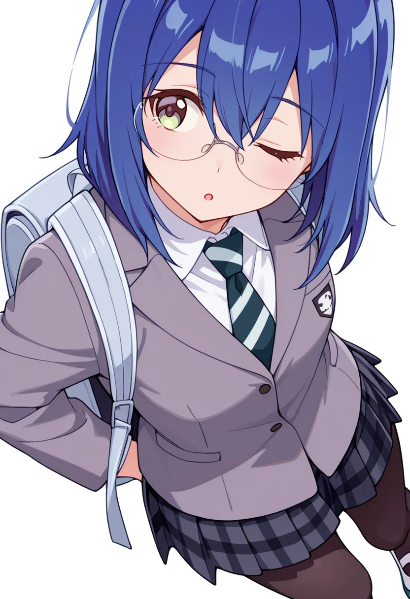 masterpiece,high quality details,absurdres,
<lora:Mamiya_Kanoko:0.8>
kanoko_cnr, 1girl, blue hair,medium hair,hair between eyes,
kanoko_s2,collared shirt, grey jacket, striped necktie,plaid skirt, pleated skirt,black pantyhose,glasses, backpack, uwabaki,, simple background, white background, sideways,solo,, ;o,