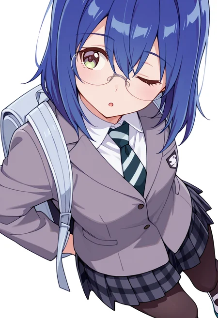 masterpiece,high quality details,absurdres,
<lora:Mamiya_Kanoko:0.8>
kanoko_cnr, 1girl, blue hair,medium hair,hair between eyes,
kanoko_s2,collared shirt, grey jacket, striped necktie,plaid skirt, pleated skirt,black pantyhose,glasses, backpack, uwabaki,, simple background, white background, sideways,solo,, ;o,