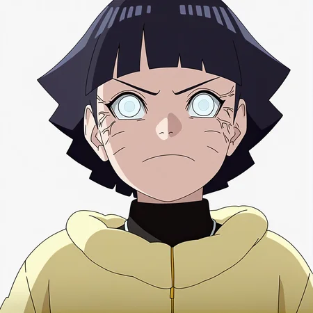 sharp focus, pixiv masterpiece, score_9, score_8_up, source_anime, score_7_up, best quality, highres, absurdres, BREAK
<lora:Himawari_Uzumaki_IL_v36:1>, uzumaki_himawari_shinobi_il, 1girl, solo, dark-blue_hair, short_hair, (white_eyes_with_veins:0.8), yellow_jacket, upper body, white background, simple background, looking at viewer, angry, closed_mouth