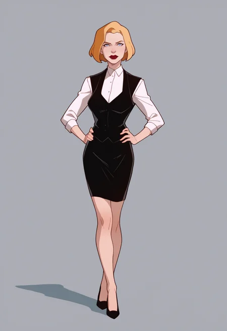 score_9, score_8_up, score_7_up, score_6_up, score_5_up, score_4_up, BREAK,
1girl, agentl, blonde hair, short hair, blue eyes, red lips, makeup,
black vest, white shirt, skirt, high heels,
hands on hips, full body, solo, looking at viewer, simple background, solid grey background <lora:AgentLXL:1>