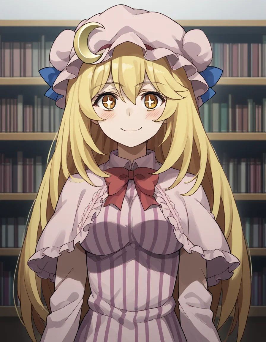 score_9, score_8_up, score_7_up, source_anime, misakishokuhou, <lora:misaki-shokuhou-s3-ponyxl-lora-nochekaiser:1>, misaki shokuhou, blonde hair, hair between eyes, long hair, symbol-shaped pupils, yellow eyes, large breasts,, <lora:patchouli-knowledge-cosplay-ponyxl-lora-nochekaiser:1>, patchouliknowledgecosplay, patchouli knowledge \(cosplay\), blue bow, bow, crescent, crescent pin, dress, hair bow, hat, mob cap, pink dress, pink hat, red bow, capelet, long sleeves, frilled sleeves, frilled capelet, striped clothes, striped dress,, indoors, library, smile, blush,, cowboy shot, dutch angle, solo,
