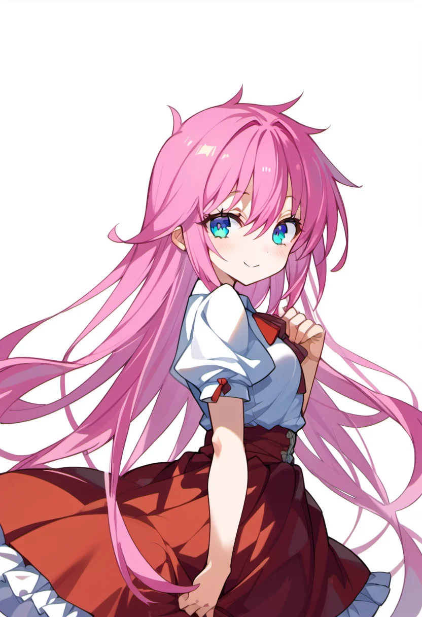 score_9, score_8_up, score_7_up, source anime, kurusu miki, 1girl, long hair, skirt, looking at viewer, smile, ass, closed mouth, blue eyes, red skirt, pink hair, blush, breasts, shirt, very long hair, hair between eyes, white shirt, short sleeves, solo, simple background, puffy sleeves, puffy short sleeves, frilled skirt, holding, white background, no panties, <lora:kurusu_miki-xl-pony-v1:1>,