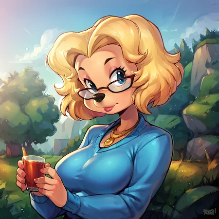 score_9, score_8_up, score_7_up, score_6_up, score_5_up, score_4_up, BREAK, <lora:Miss_Pennypacker:0.8>, misspennypacker, 1girl, solo, breasts, furry female, furry, animal nose, glasses, blonde hair, necklace, jewelry, short hair, <lora:princess_xl_v2:1>, outside, sweater, <lora:Reinaldo_Quintero_Reiq_Artist_Style_PonyXL:0.8>,