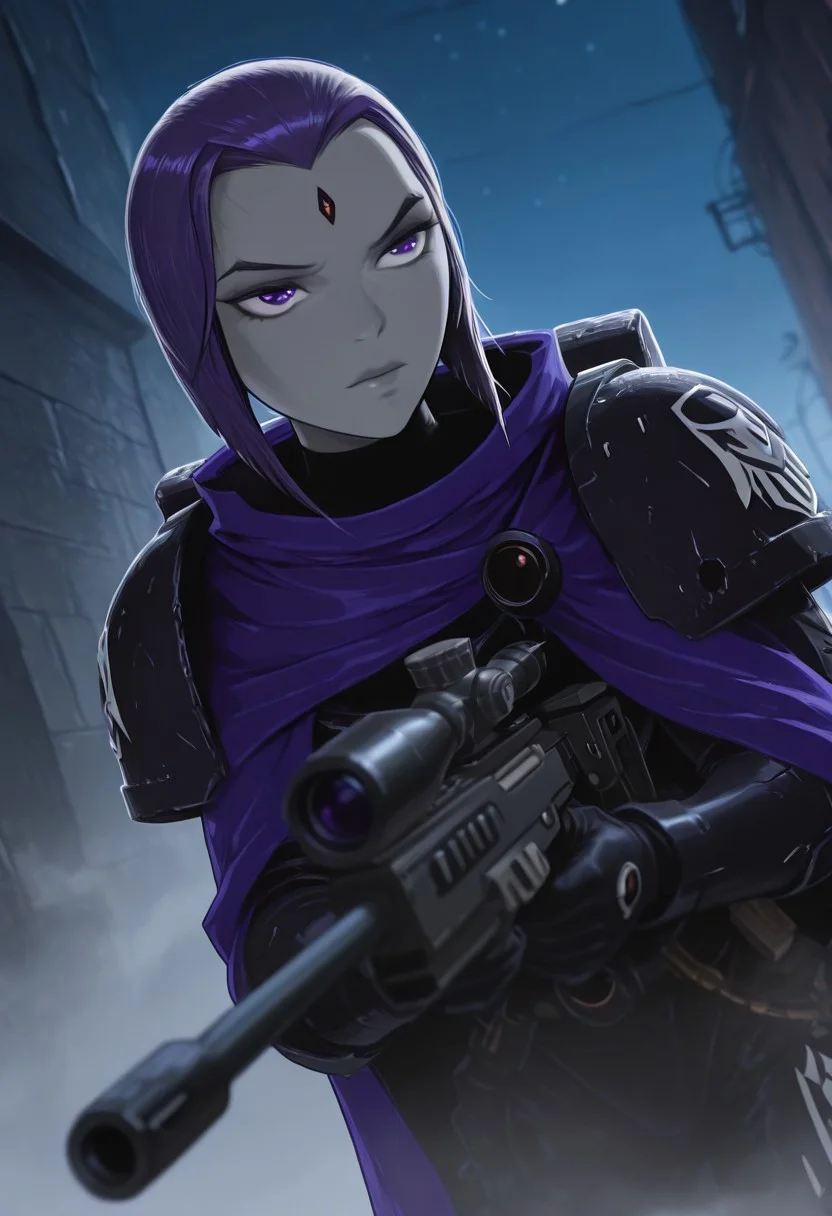 masterpiece, best quality, high quality, newest, highres,8K,HDR,absurdres, dynamic angle, realistic, 1girl, wearing edgRG_(power armor), pauldrons, raven emblem, solo, 1girl, raventt, 1girl, solo, cloak, hood, purple cape, grey skin, short hair, purple hair, forehead jewel, purple eyes, perfect eyes, perfect face, holding a sniper, silhouette, DMZ, creepy, backlit, haunted, night sky, fog, mist, cold, dutch angle, dark outside, solo, close up, mid shot, dutch angle, <lora:edgIllustriousXL_Raven_Guard:1>