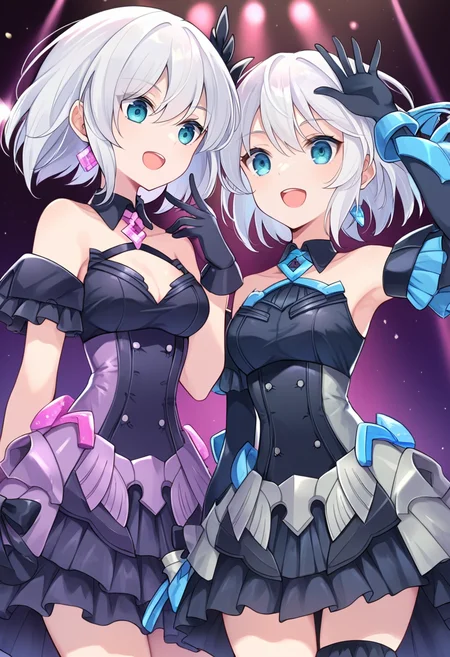 (score_9:0.9),score_8_up,score_7_up,anime style,rating_safe,<lora:30ms Alpha Sisters Phantasm ponyXL v1:0.76>,Alpha Sisters Phantasm black,Phantasm dress,holding microphone,concert,hand up,white hair,short hair,blue eyes,open mouth,black dress,