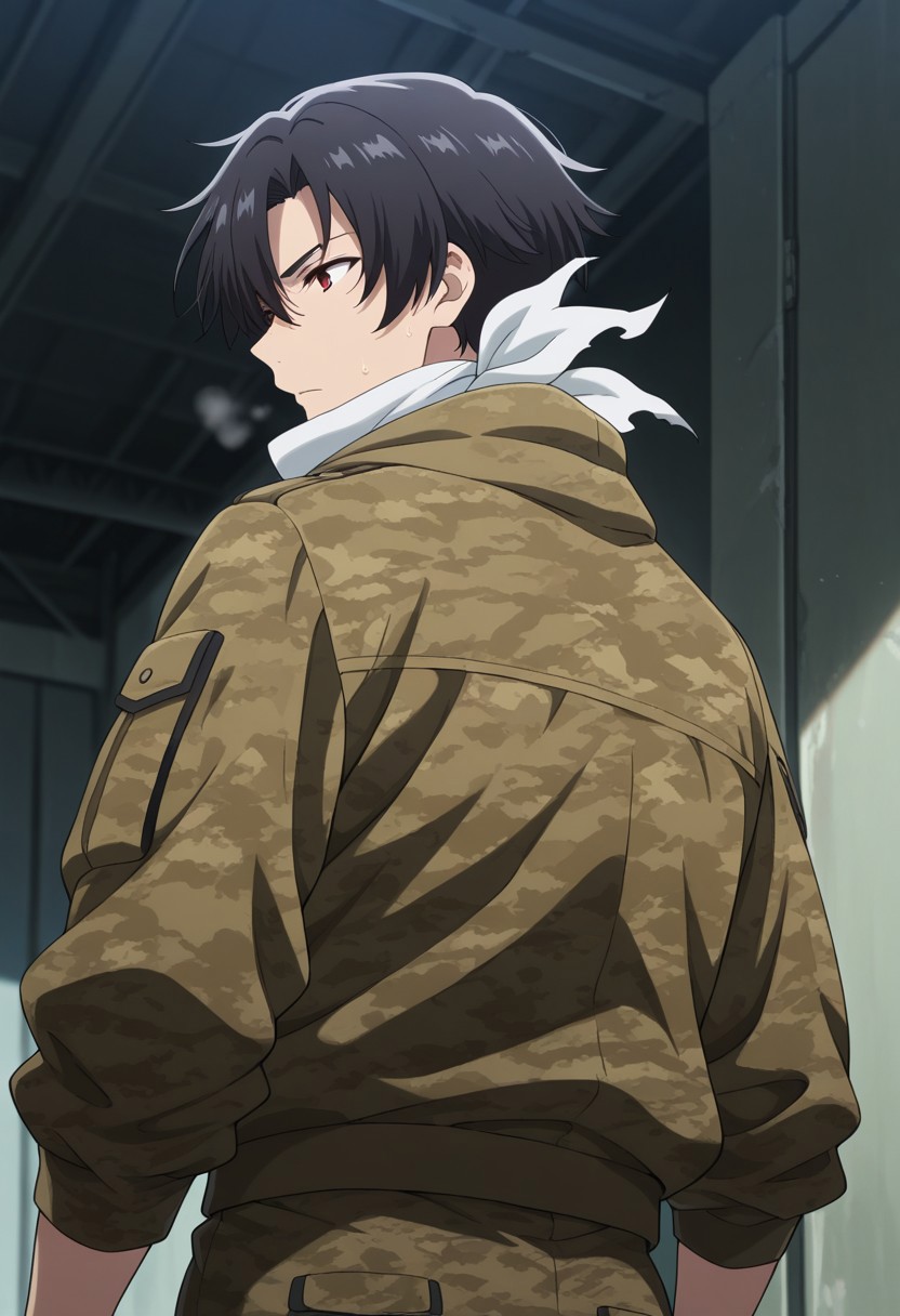 masterpiece,best quality,amazing quality, source_anime, 
ShineiNouzen, 1boy, male focus, solo, red eyes, black hair, neckerchief, jacket, camouflage, from back,