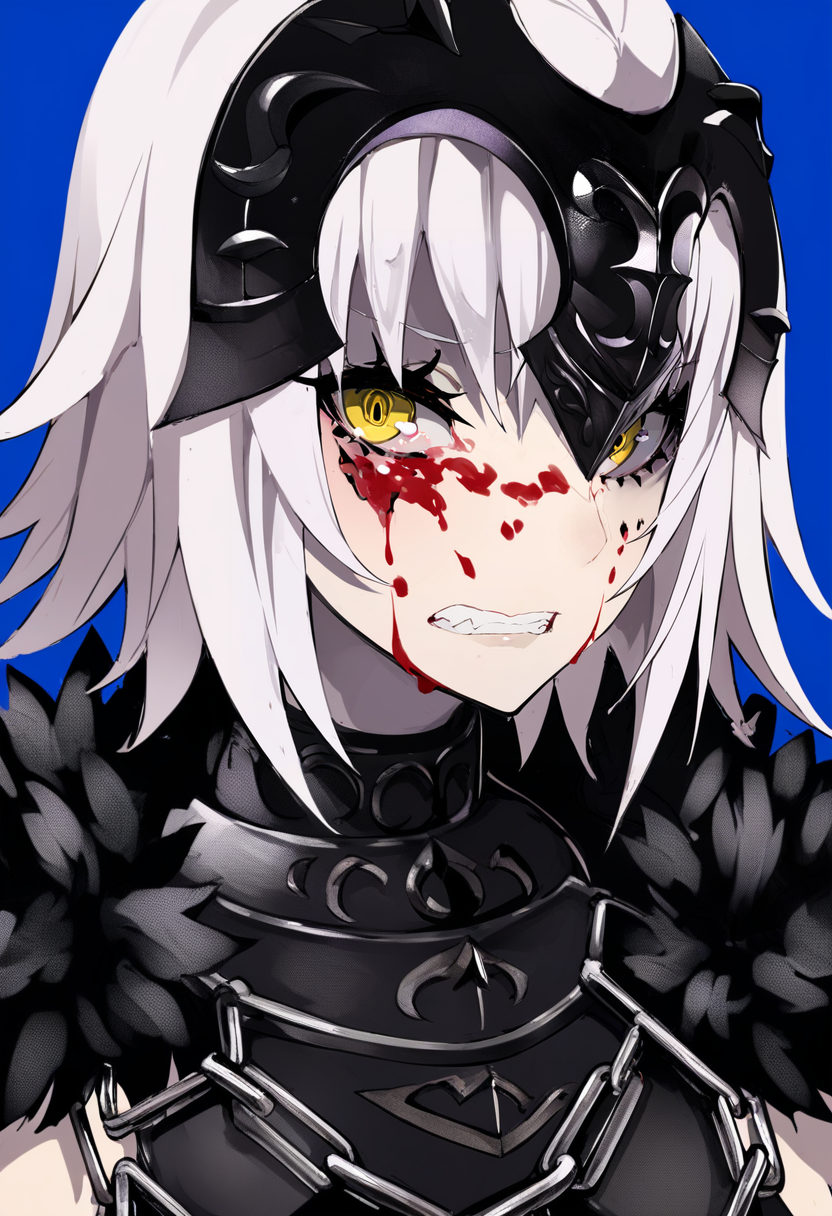 score_9, score_8_up, score_7_up, score_6_up, <lora:LAMXL_Js2_lokr_V4302:0.95> 1girl, jeanne d'arc alter \(fate\), jeanne d'arc alter \(avenger\) \(fate\), solo, yellow eyes, headpiece, blood, teeth, chain, blood on face, armor, blue background, short hair, looking at viewer, fur trim, clenched teeth, grey hair, simple background, upper body, white hair, ahoge