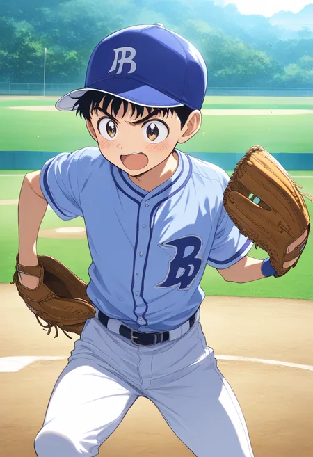 masterpiece,high score,great score,absurdres,goro honda,goro honda\(pre-school\),baseball mitt,1boy,male focus,baseball uniform,solo,hat,baseball cap,baseball,sportswear,outdoors,open mouth,blush,day,belt,blue shirt,<lora:Goro_Shigeno_V1-1:0.8>,official art,