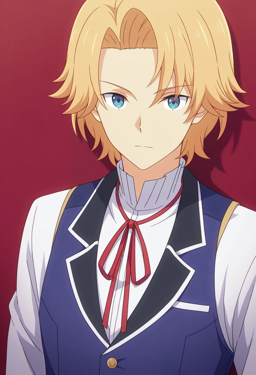 masterpiece, best quality, , , looking at viewer, 1boy, solo, male focus, <lora:august_von_earlshide_ilxl:0.98>, august_von_earlshide, blonde hair, blue eyes, short hair, red ribbon, vest, white shirt, neck ribbon,