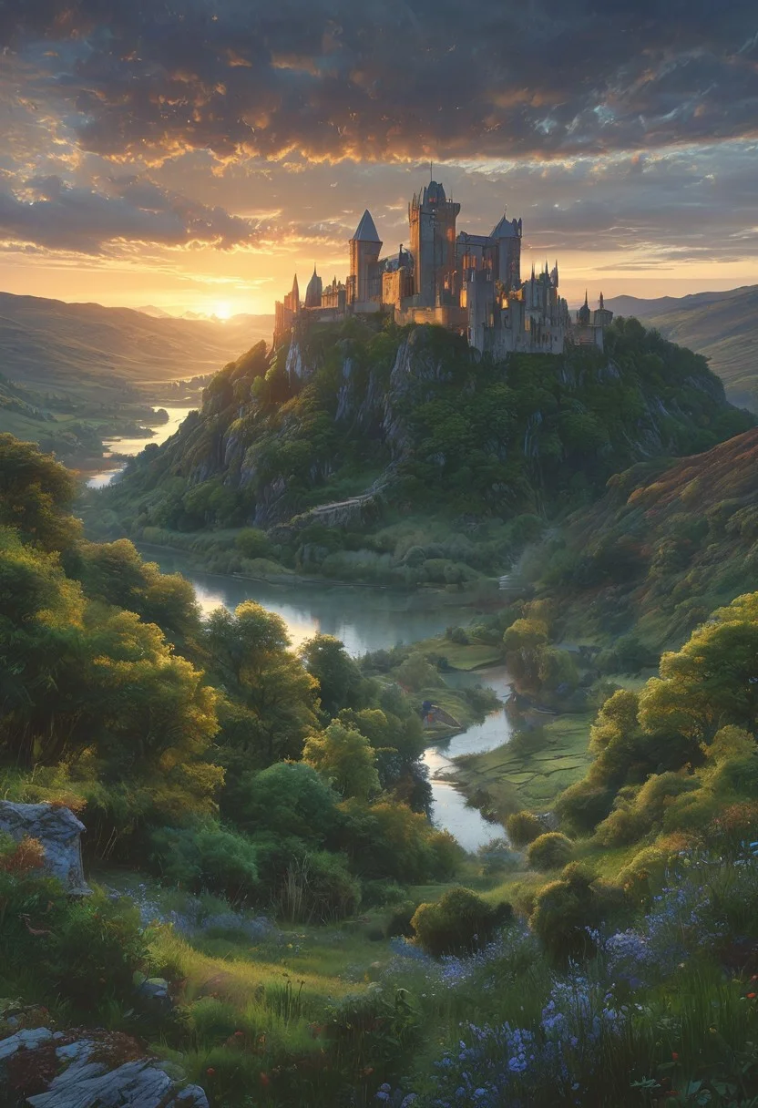 A captivating night scene illustration featuring a beautiful castle on a large hill overlooking a lake in Wales. The castle is ancient but well maintained and updated and comfortable to live in. This enchanting artwork captures a serene and peaceful early morning, where the sun is just starting to rise over the beautiful hills and castle which stands resolute amidst hills of Wales, creating a cinematic experience., illustration, cinematic
<lora:DonM3t3rn1tyXL-v1.1:0.7>, DonM3t3rn1tyXL,
OverallDetailXL <lora:MJ52:0.3> <lora:SDXLFaeTastic2400:0.4> <lora:EpicF4nta5yXL:0.7>