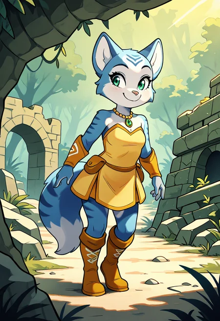 masterpiece, best quality, 1girl, solo, eyelashes, (beautiful eyes), smile, zzKrystalDino, green eyes, furry female, blue fur, blue hair, animal ears, body fur, two-tone fur, white fur, necklace, strapless dress, bare shoulders, tail, knee boots, deep jungle, stone ruins, exploring, <lora:KrystalDinosaurPlanet_IXL:1.0>,